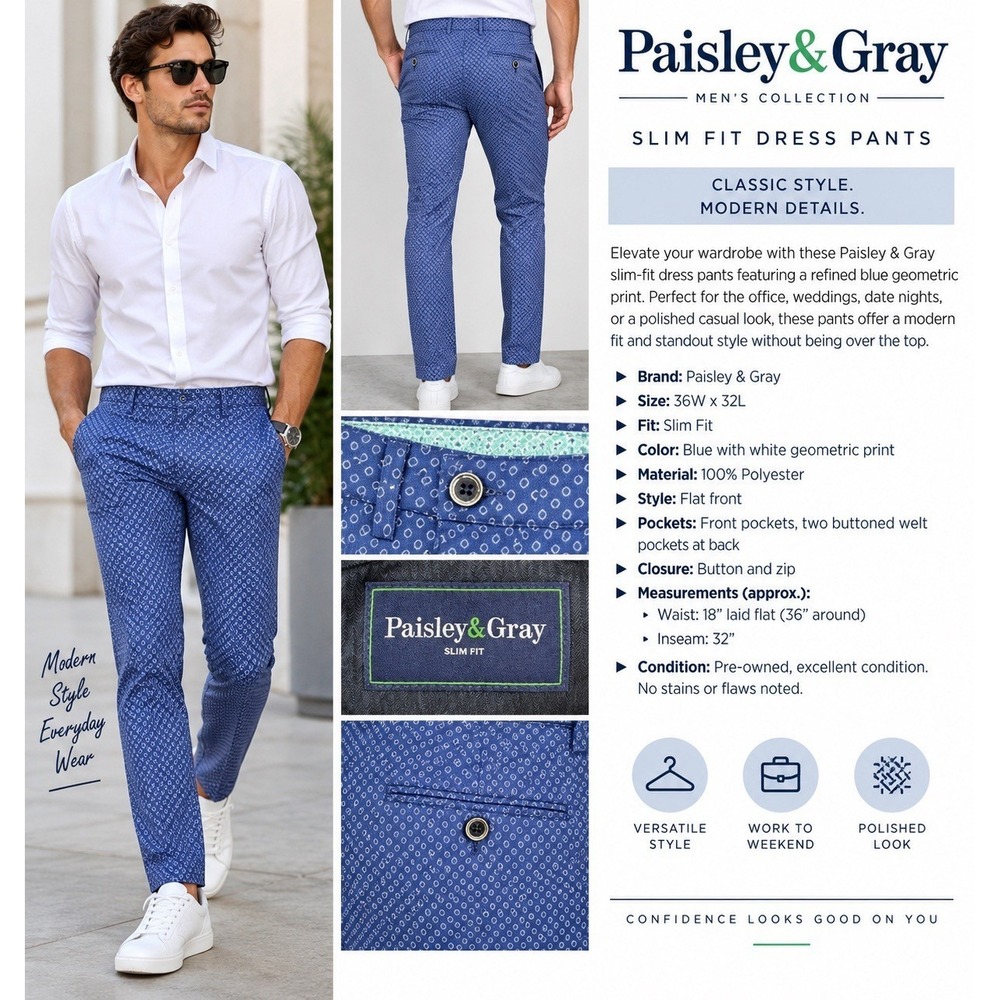 Paisley & Gray Men's Slim Fit Dress Pants 36x32 Blue Geometric Print Trousers